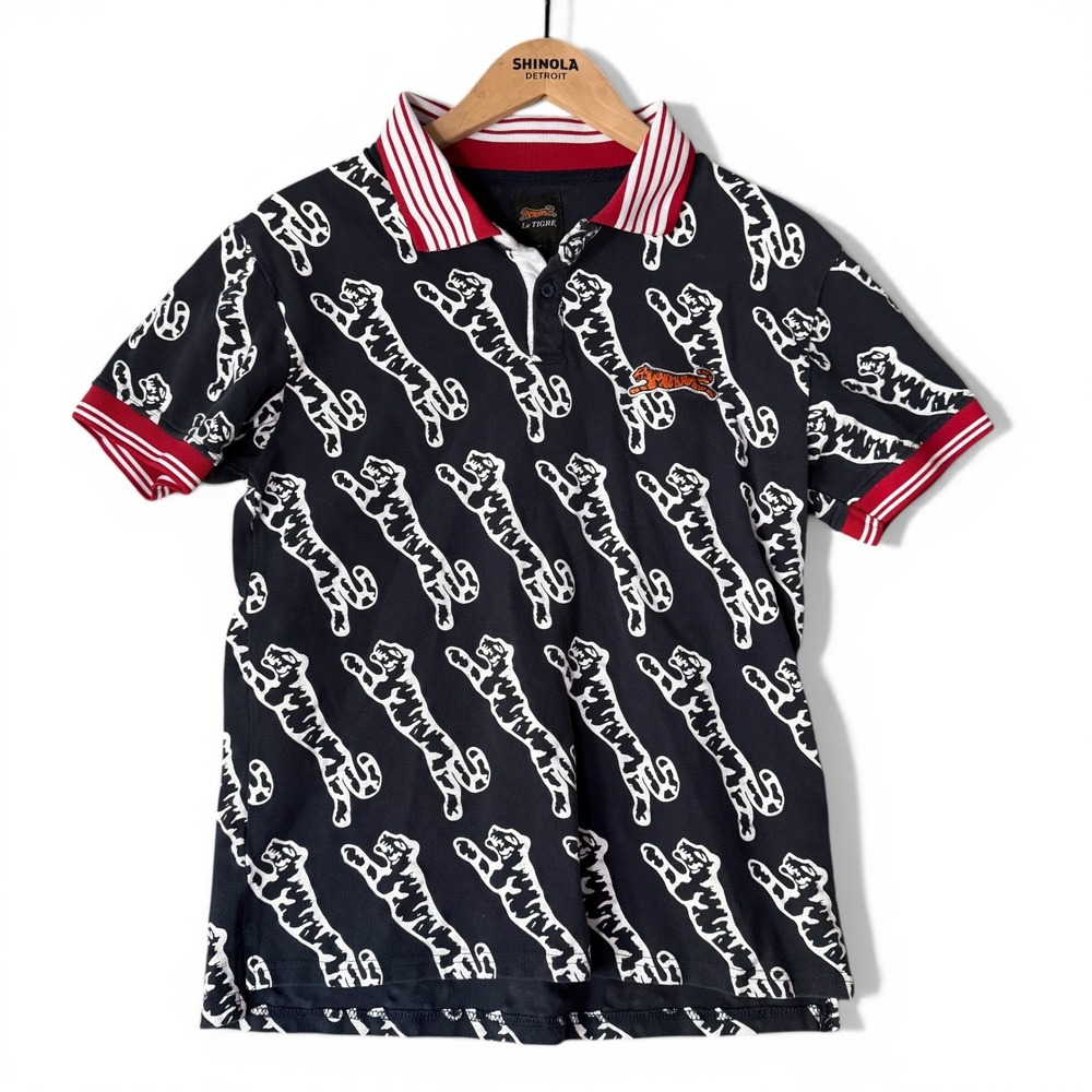 Le Tigre Polo Shirt Mens Medium Navy Blue All Over Tiger Print Y2K Streetwear